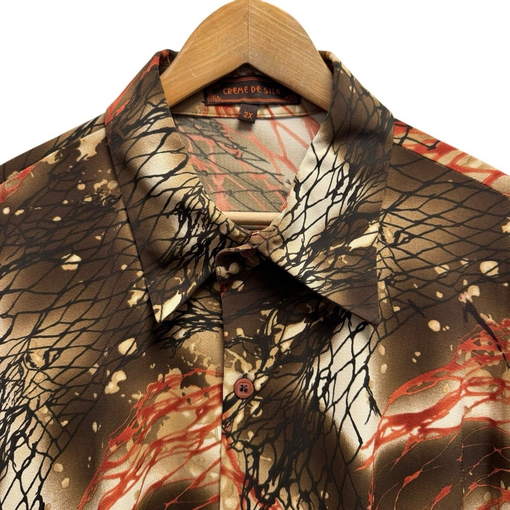 Creme De Silk Men's 2X Brown/Red Abstract Vintage Silk Rayon‎ Button Front Shirt